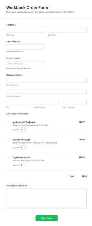 Workbook Order Form Template