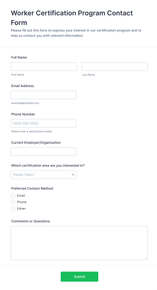 Worker Certification Program Contact Form Template
