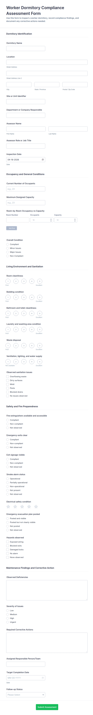 Worker Dormitory Compliance Assessment Form Template