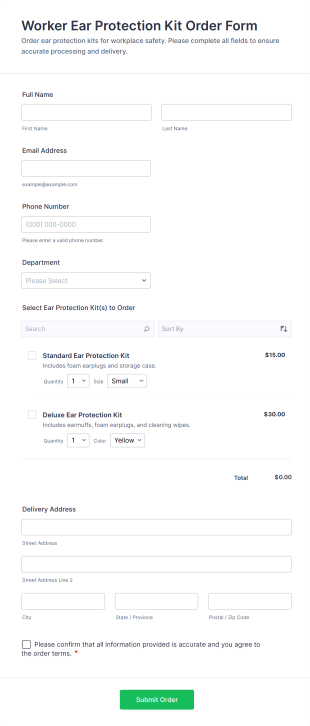 Worker Ear Protection Kit Order Form Template