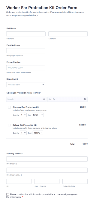 Worker Ear Protection Kit Order Form Template