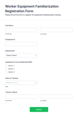 Worker Equipment Familiarization Registration Form Template