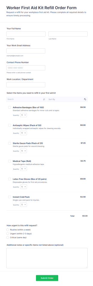 Worker First Aid Kit Refill Order Form Template