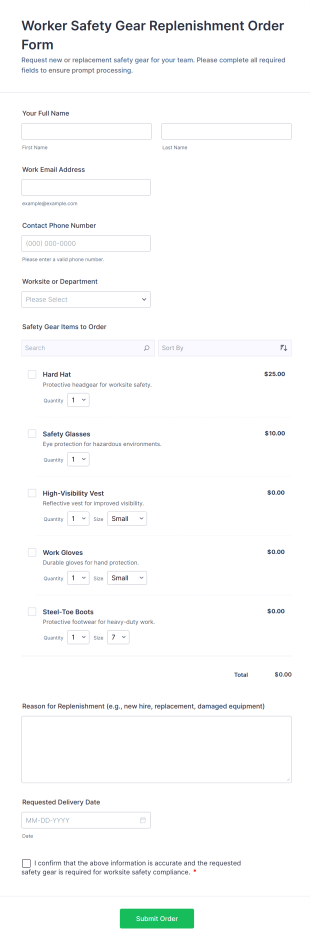 Worker Safety Gear Replenishment Order Form Template