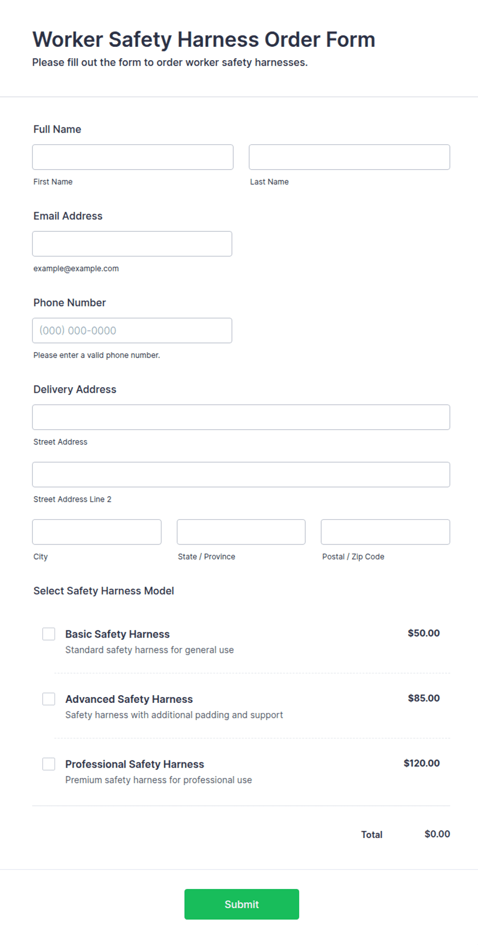 Worker Safety Harness Order Form Template | Jotform