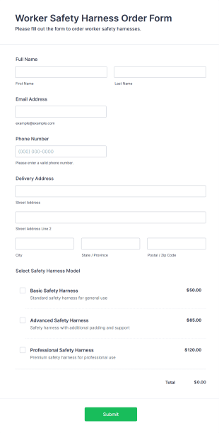 Worker Safety Harness Order Form Template