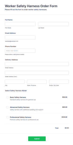 Worker Safety Harness Order Form Template