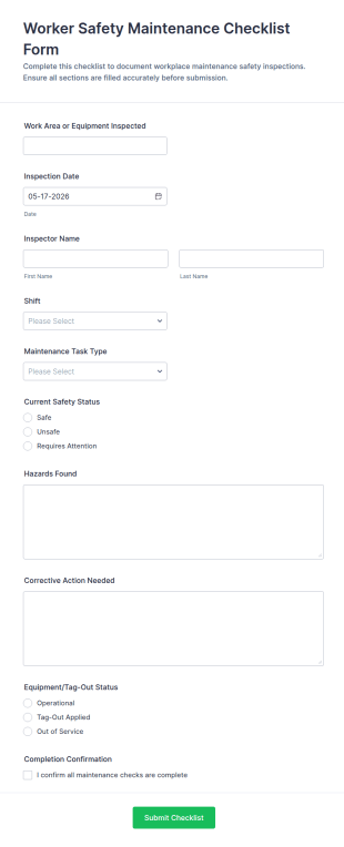 Worker Safety Maintenance Checklist Form Template