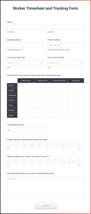 Worker Timesheet And Tracking Form Form Template