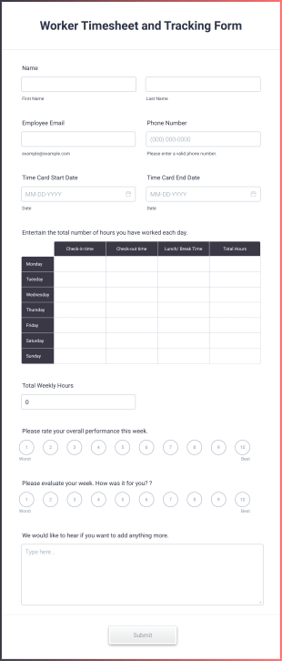 Worker Timesheet And Tracking Form Form Template