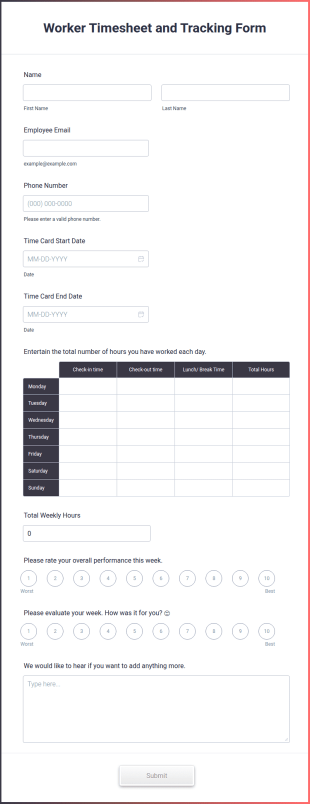 Worker Timesheet And Tracking Form Template