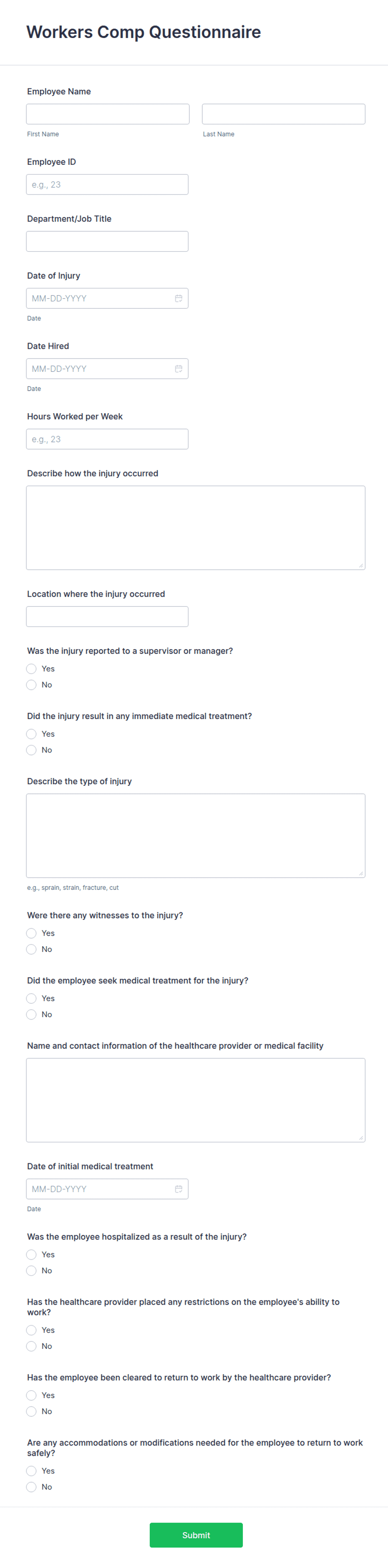 Corvel Workcomp Form Workers Comp Questionnaire Form Template | Jotform