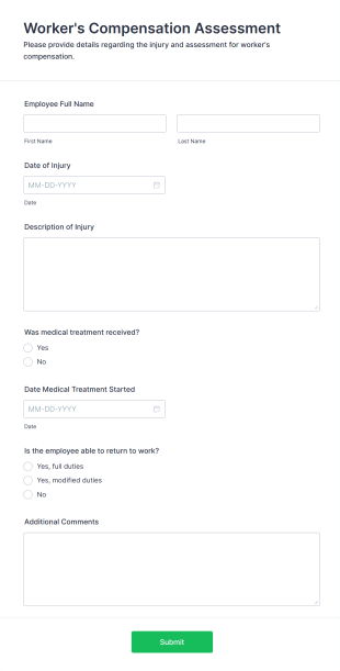 Worker's Compensation Assessment Form Form Template
