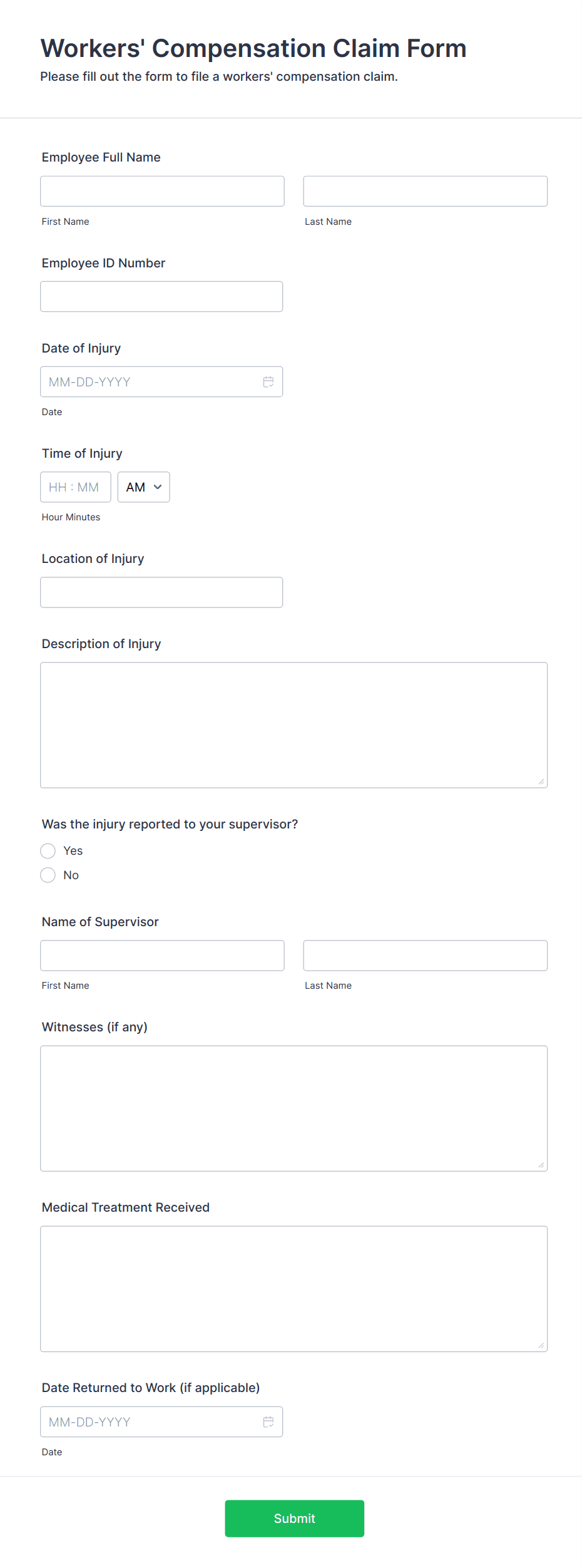 Workers' Compensation Claim Form Template | Jotform