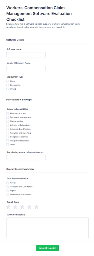 Workers’ Compensation Claim Management Software Evaluation Checklist Form Template