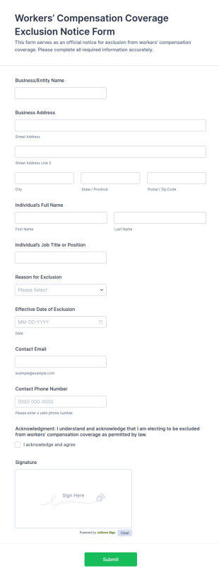 Workers’ Compensation Coverage Exclusion Notice Form Template
