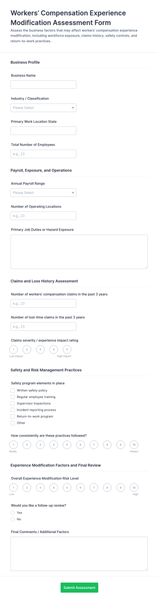 Workers’ Compensation Experience Modification Assessment Form Template