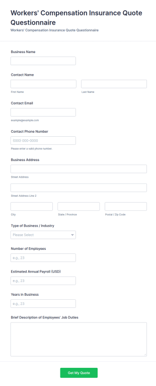 Workers' Compensation Insurance Quote Questionnaire Form Template