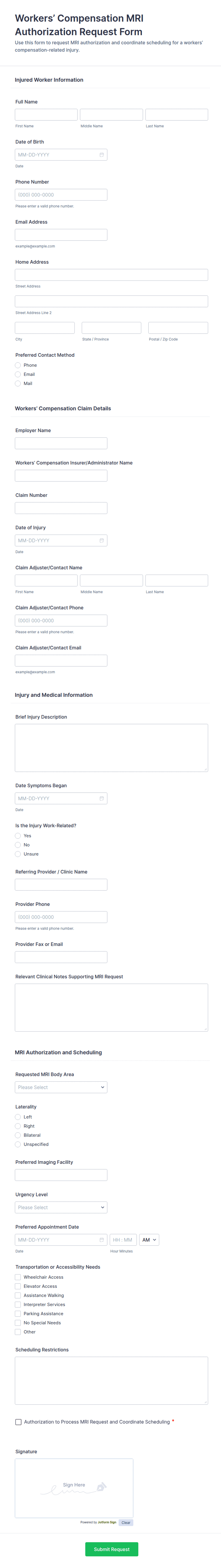 Workers’ Compensation MRI Authorization Request Form Template | Jotform