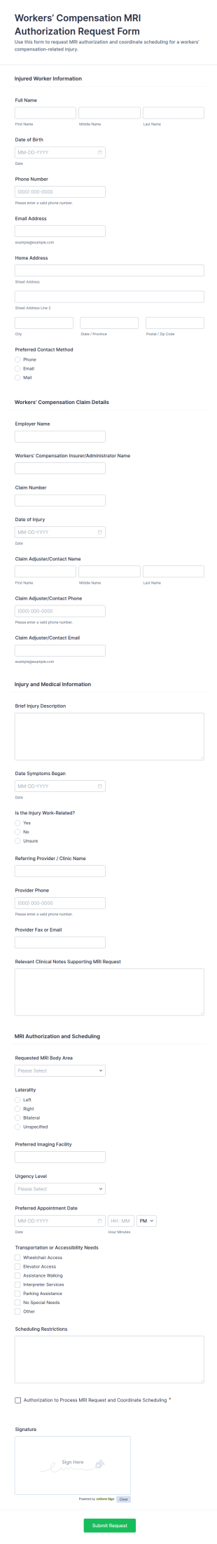 Workers’ Compensation MRI Authorization Request Form Template