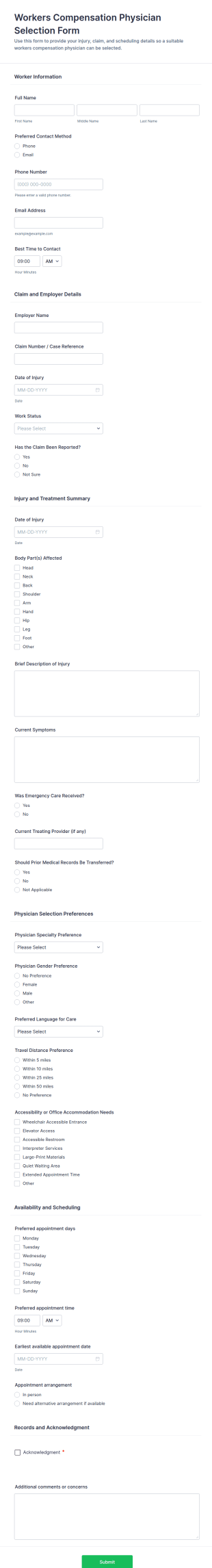 Workers Compensation Physician Selection Form Template