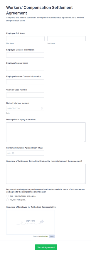 Workers’ Compensation Settlement Agreement Form Template