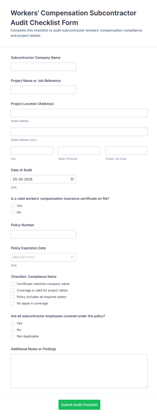 Workers' Compensation Subcontractor Audit Checklist Form Template