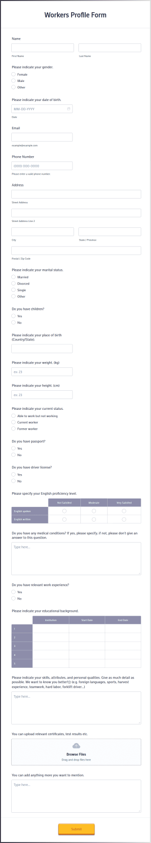 Workers Profile Form Template