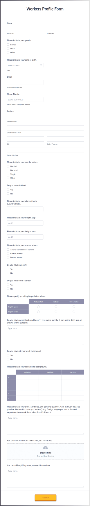Workers Profile Form Template