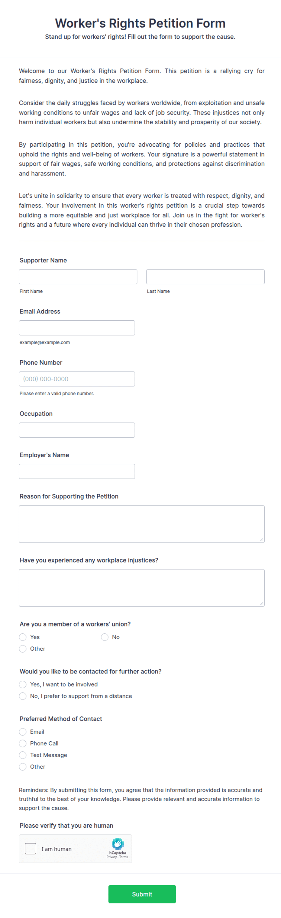 Worker's Rights Petition Form Template | Jotform