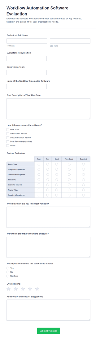 Workflow Automation Software Evaluation Form Template