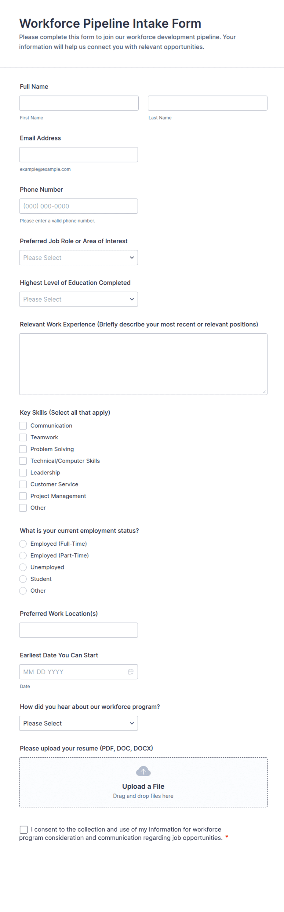 Devops Intake Form Workforce Pipeline Intake Form Template | Jotform