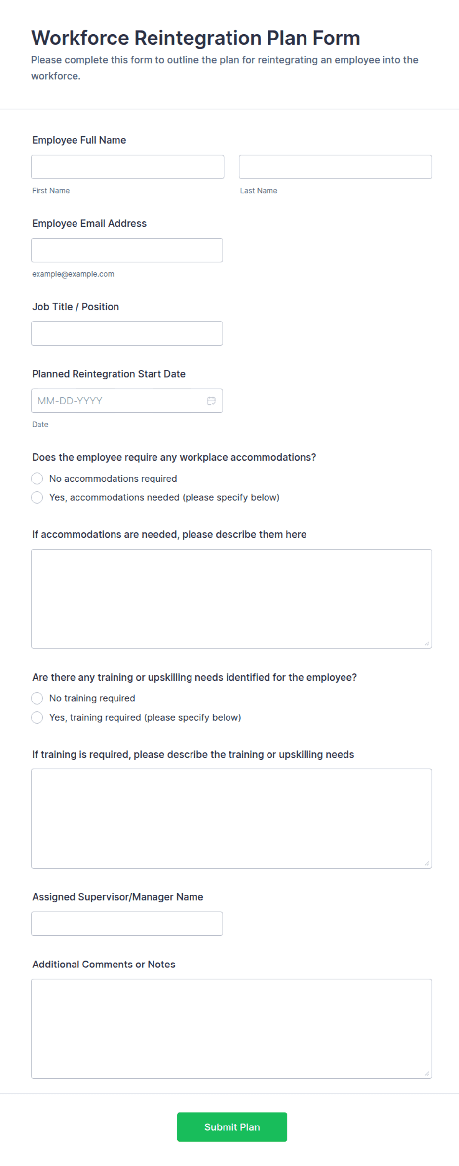 Workforce Requirements Form Workforce Reintegration Plan Form Template | Jotform