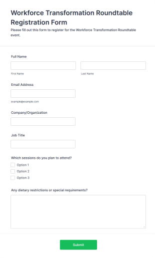 Workforce Transformation Roundtable Registration Form Form Template