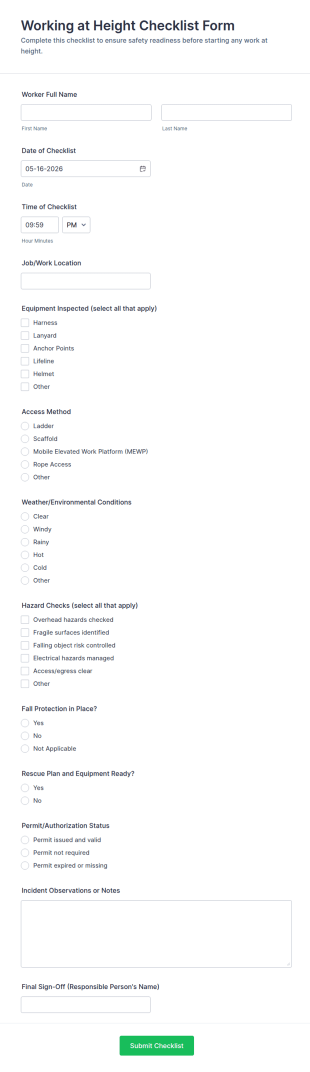 Working At Height Checklist Form Template