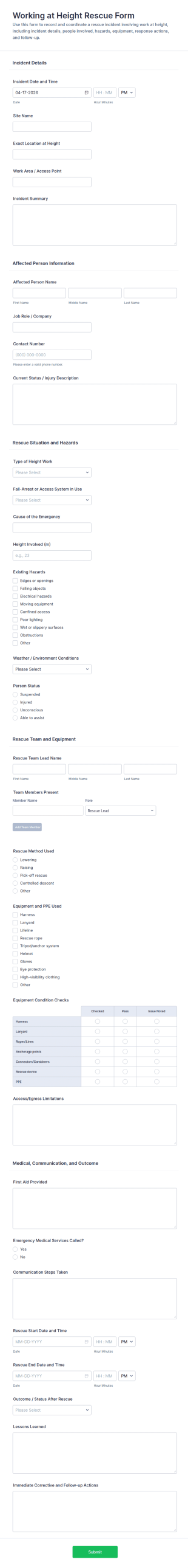 Working At Height Rescue Form Template