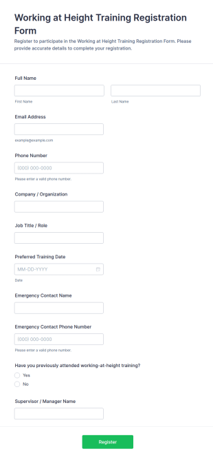 Working At Height Training Registration Form Template
