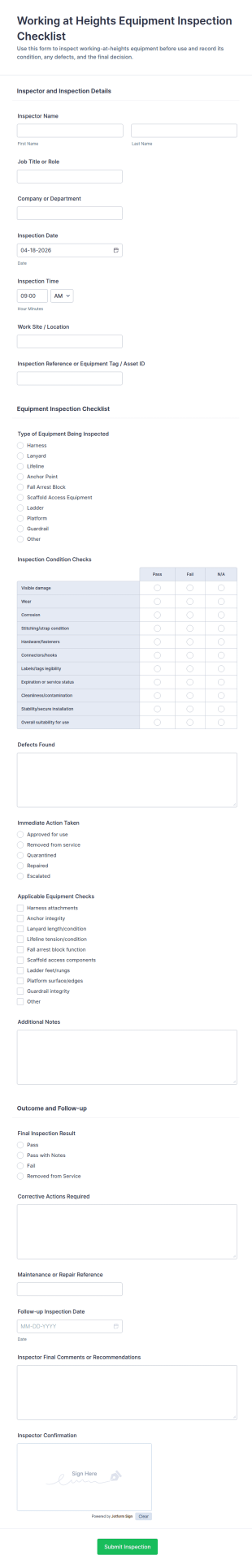 Working At Heights Equipment Inspection Checklist Form Template