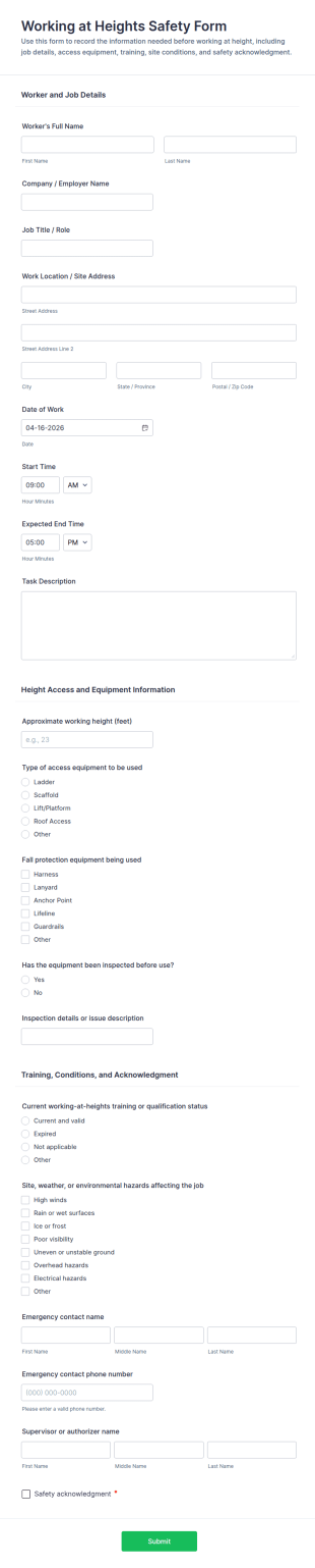 Working At Heights Safety Form Template