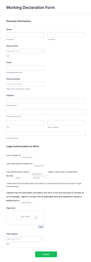 Working Declaration Form Template