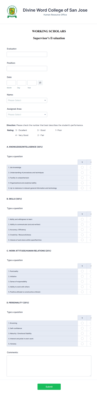 Working Scholar Supervisor Evaluation Form Template