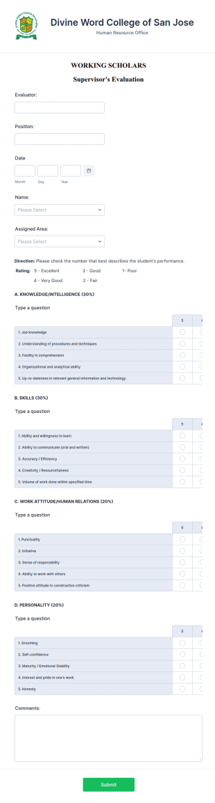 Working Scholar Supervisor Evaluation Form Template