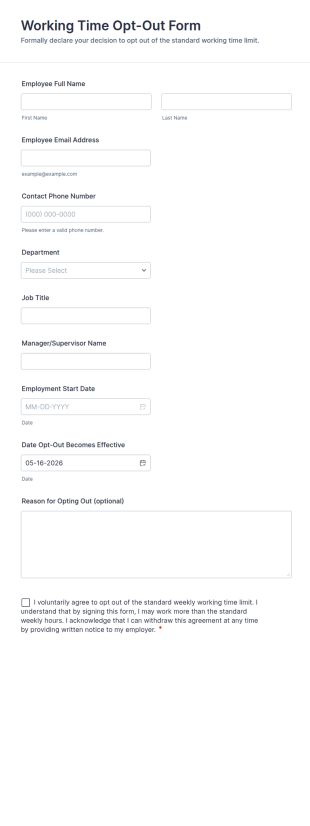 Working Time Opt Out Form Template