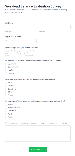 Workload Balance Evaluation Survey Form Template