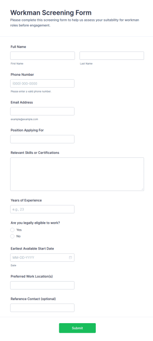 Workman Screening Form Template