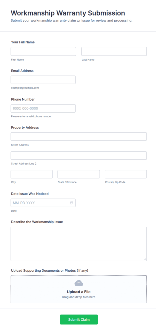 Workmanship Warranty Submission Form Template