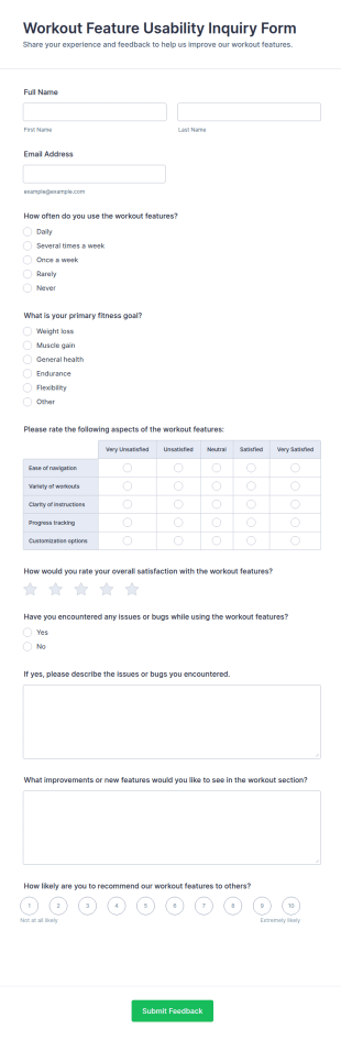 Workout Feature Usability Inquiry Form Template