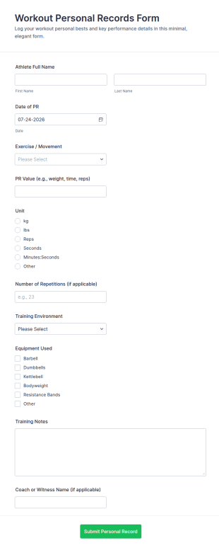Workout Personal Records Form Template