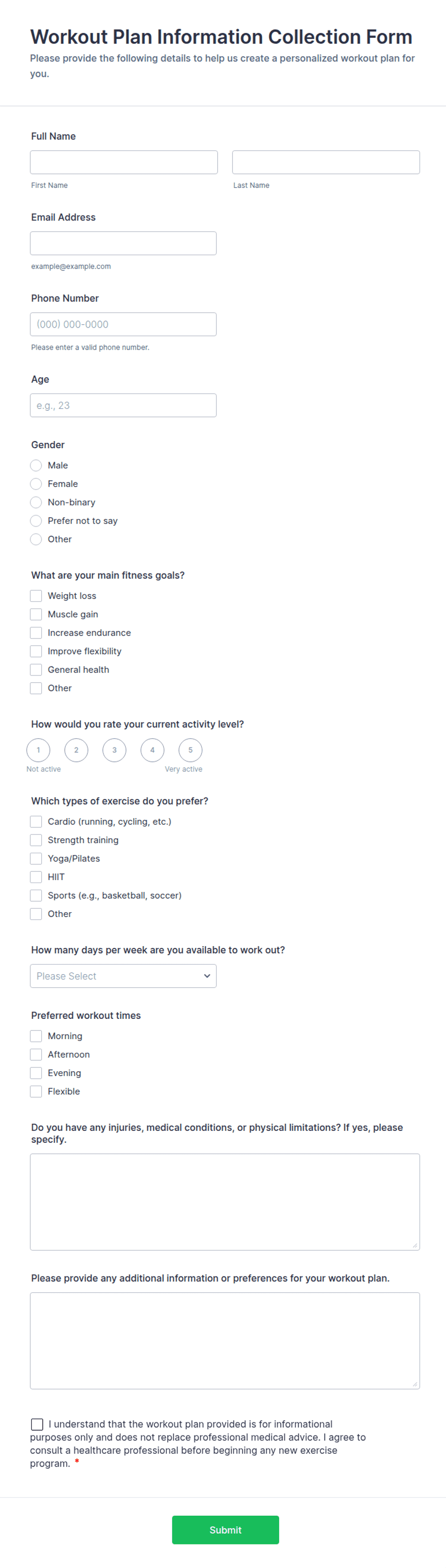 Workout Plan Information Collection Form Template | Jotform