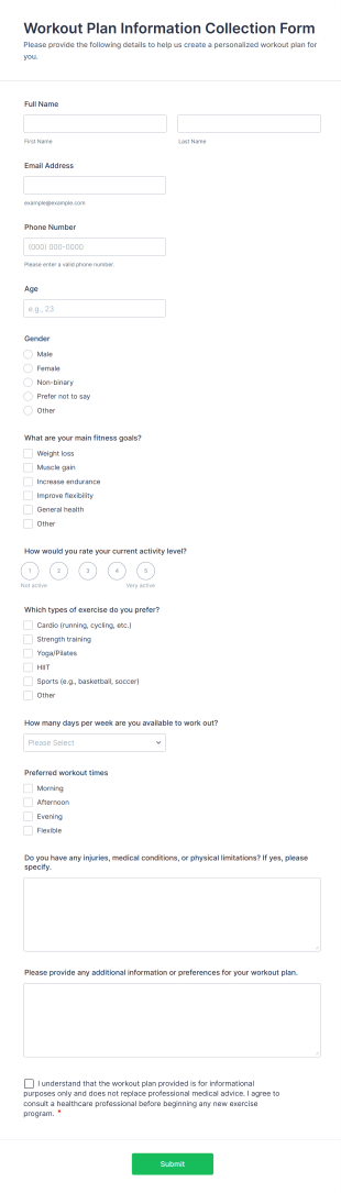 Workout Plan Information Collection Form Template